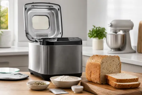 Open breadmaker on a kitchen worktop with sliced bread, seeds, flour, kitchen scales and a stand mixer nearby