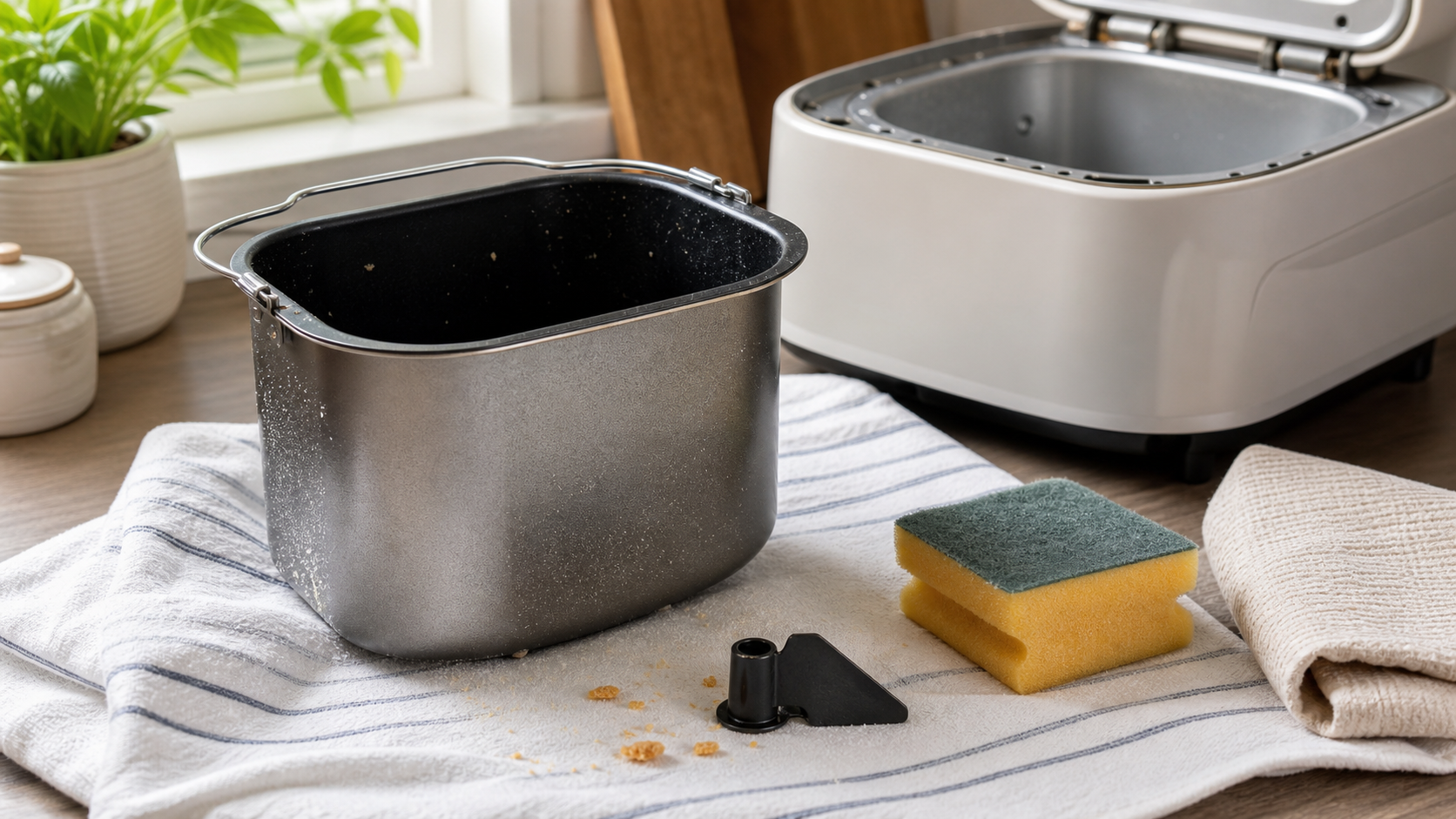Removable breadmaker pan and kneading paddle on a tea towel with crumbs, sponge and cleaning cloth