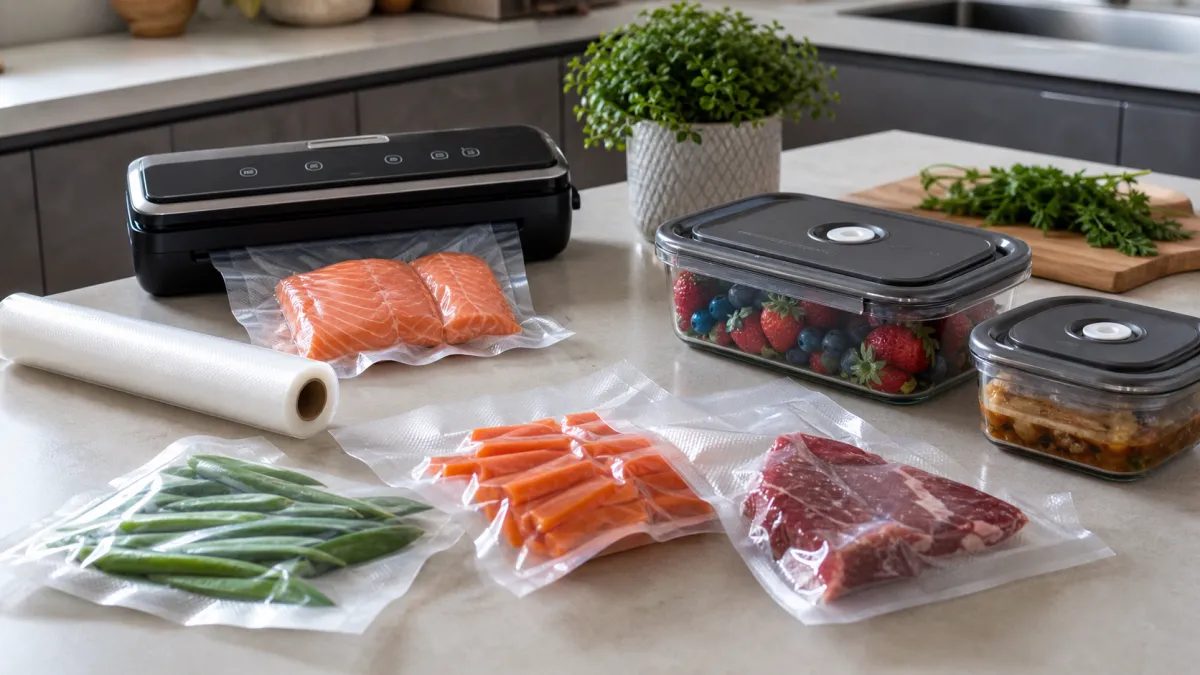 Vacuum sealer with textured rolls, sealed food bags and reusable vacuum containers on a kitchen worktop