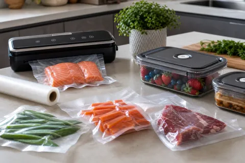 Vacuum sealer with textured rolls, sealed food bags and reusable vacuum containers on a kitchen worktop