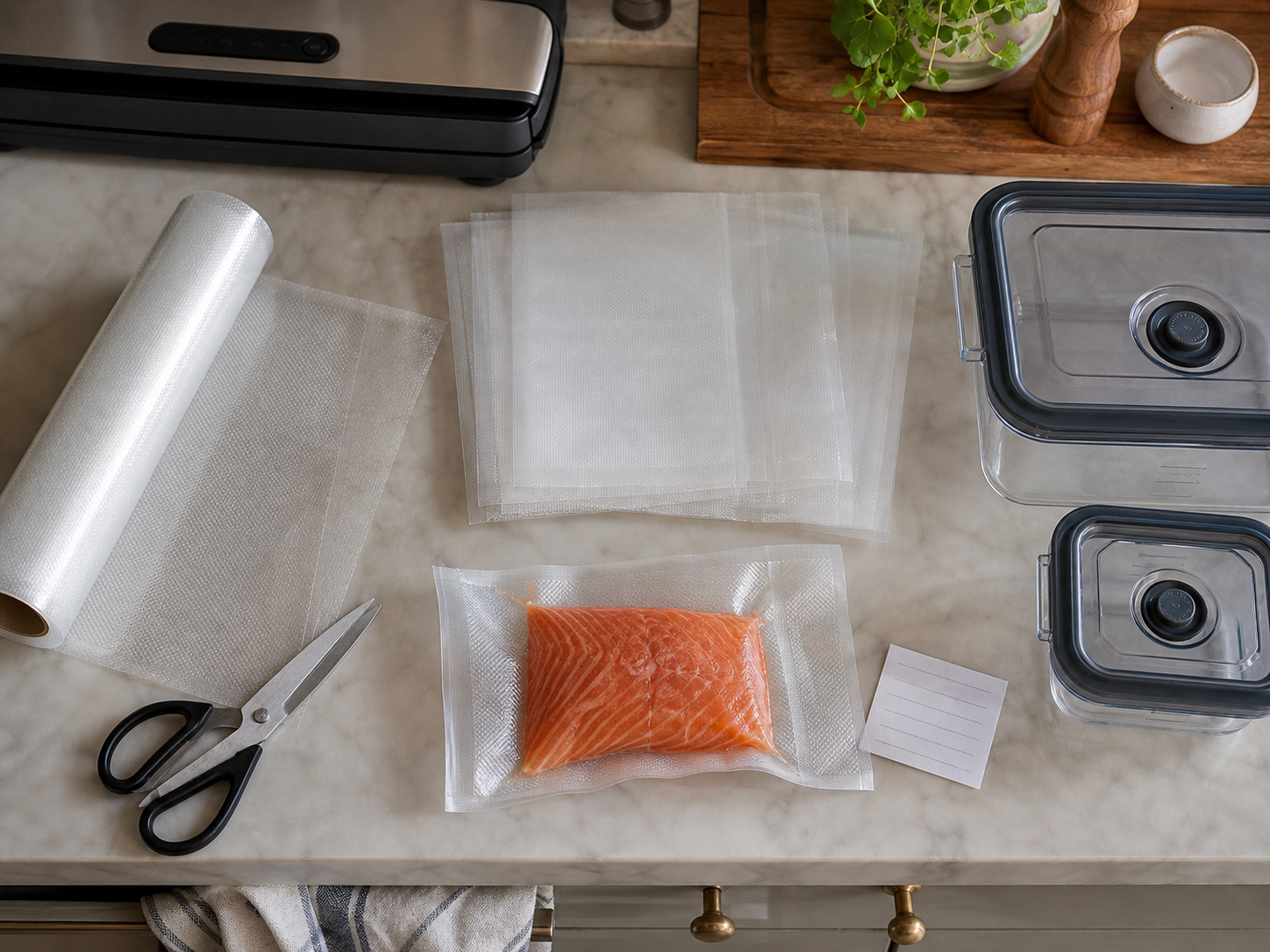 Vacuum sealer roll, pre-cut bags, sealed food portion and reusable vacuum containers arranged on a kitchen worktop