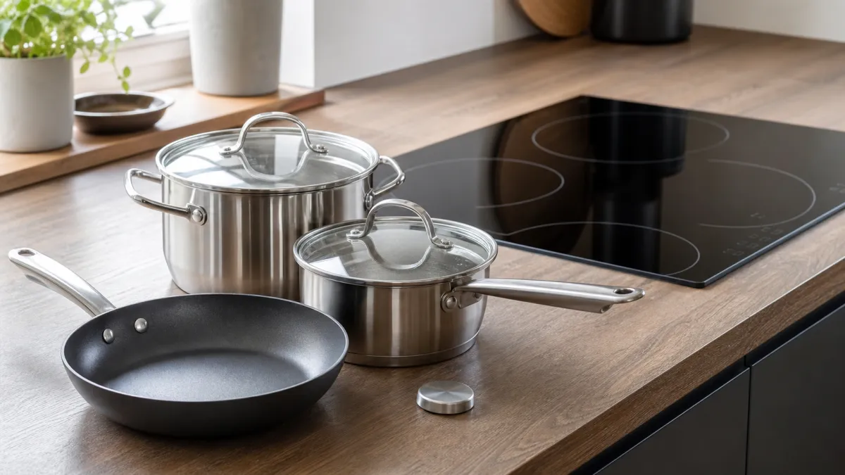 Saucepans and a non-stick frying pan beside a black induction hob with a small magnet on the worktop