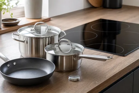 Saucepans and a non-stick frying pan beside a black induction hob with a small magnet on the worktop