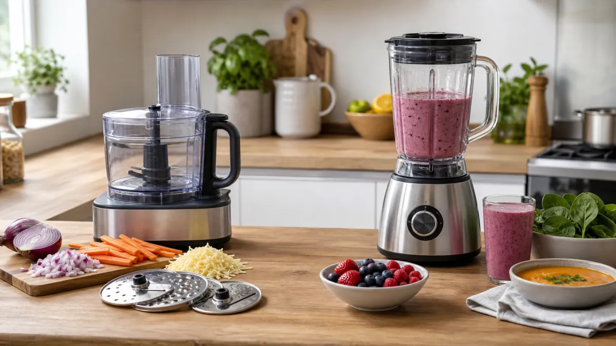 Food processor with chopped vegetables beside a blender with smoothie ingredients on a kitchen worktop