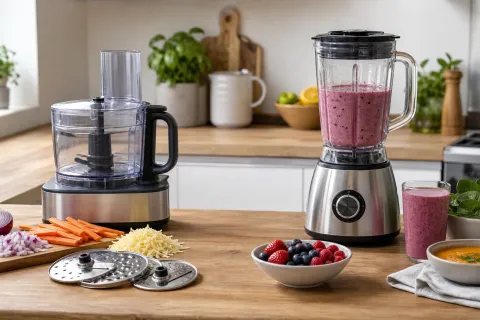 Food processor with chopped vegetables beside a blender with smoothie ingredients on a kitchen worktop