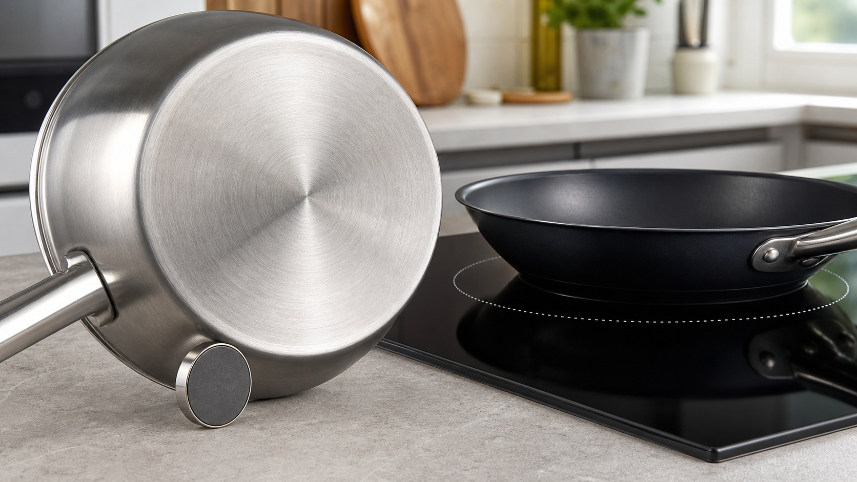 A magnet touching an induction-compatible pan base beside a frying pan on an induction hob
