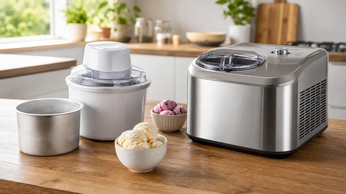 Freezer-bowl and compressor ice cream makers on a kitchen worktop with bowls of homemade ice cream