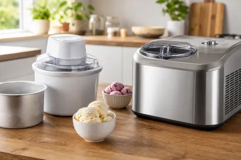 Freezer-bowl and compressor ice cream makers on a kitchen worktop with bowls of homemade ice cream