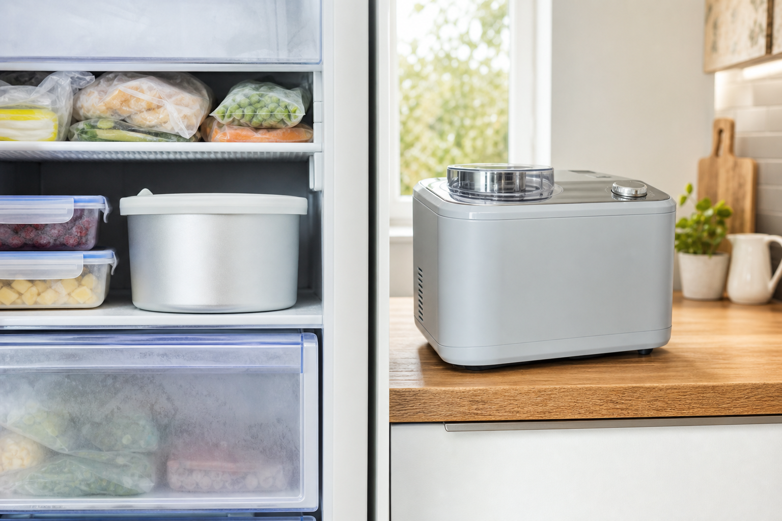 Freezer bowl taking space in a freezer beside a compressor ice cream maker on a kitchen worktop