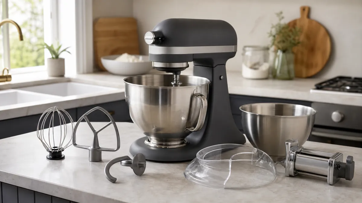 Stand mixer on a kitchen worktop with flat beater, whisk, dough hook, spare bowl, splash guard and pasta roller attachment