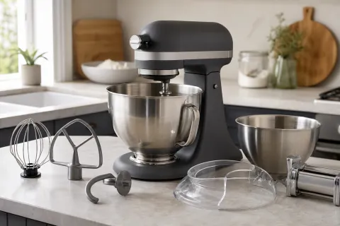 Stand mixer on a kitchen worktop with flat beater, whisk, dough hook, spare bowl, splash guard and pasta roller attachment