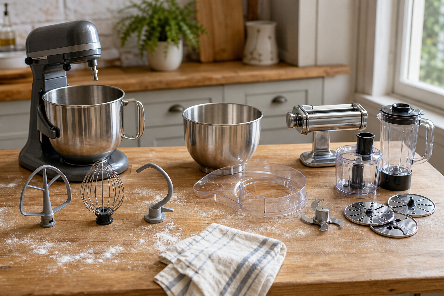 Stand mixer tools, spare bowl, splash guard, pasta roller and food-prep attachments arranged on a kitchen worktop