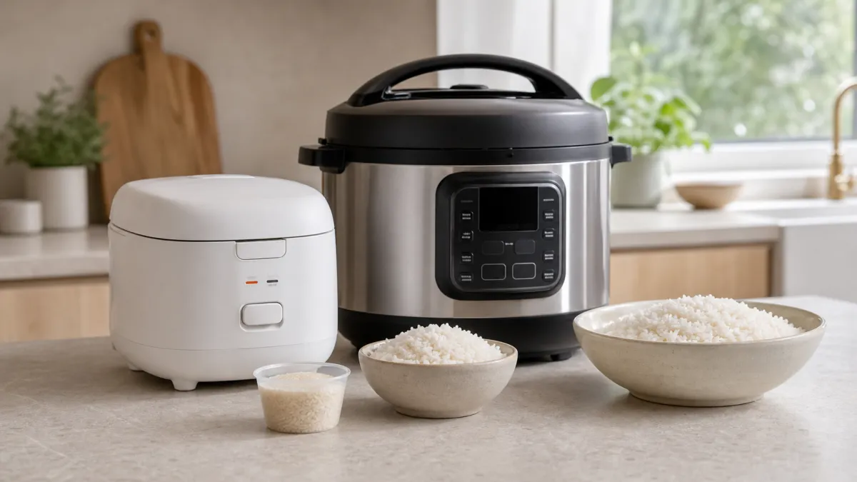 Compact rice cooker, larger multi-cooker, uncooked rice and bowls of cooked rice on a kitchen worktop