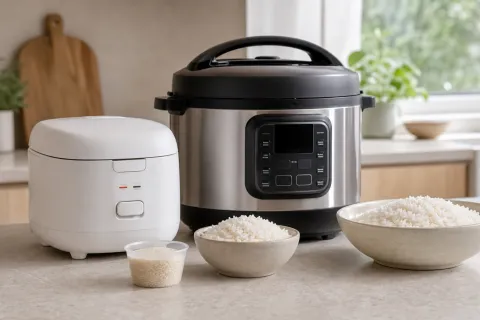 Compact rice cooker, larger multi-cooker, uncooked rice and bowls of cooked rice on a kitchen worktop