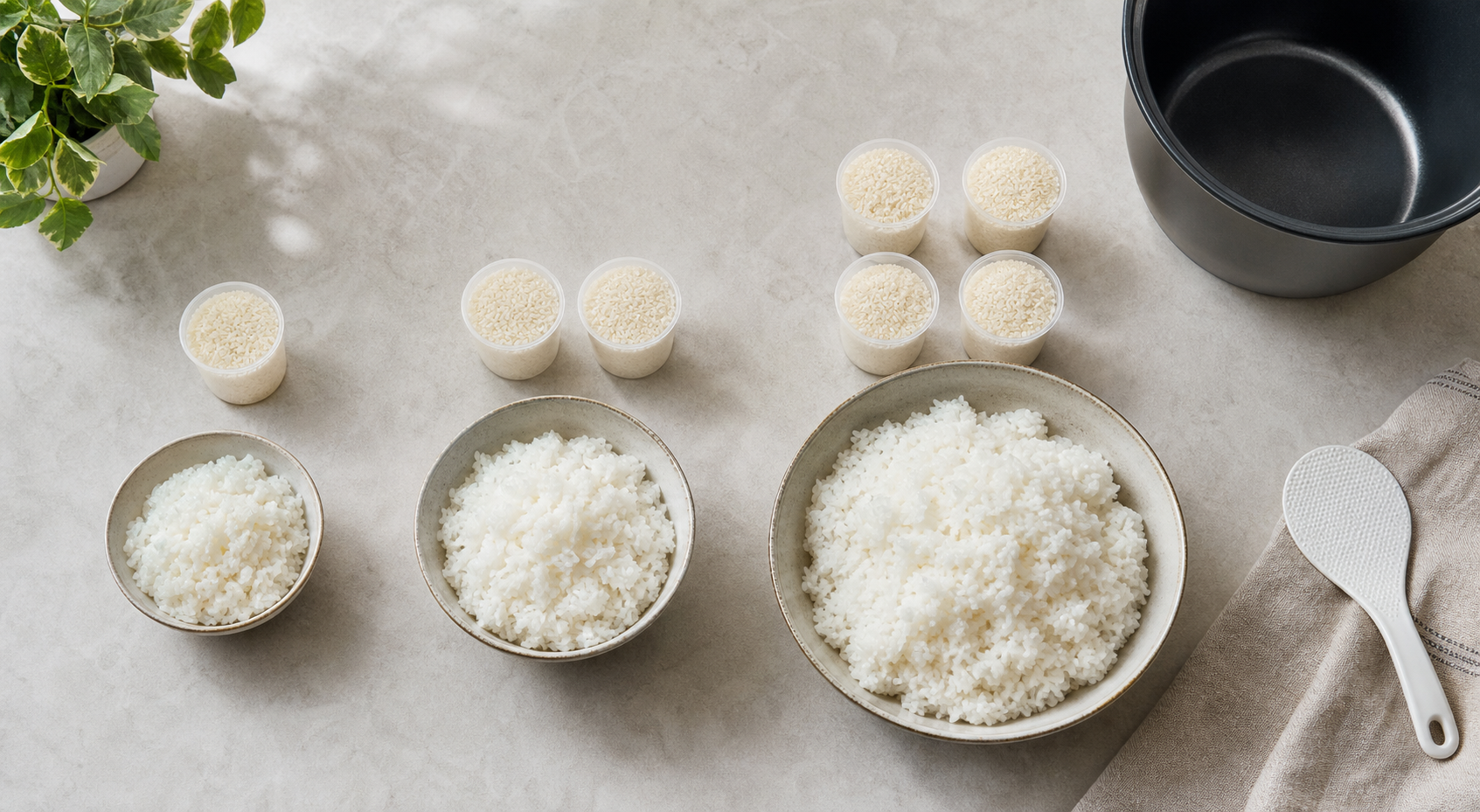 Measuring cups of uncooked rice arranged beside small, medium and large bowls of cooked rice