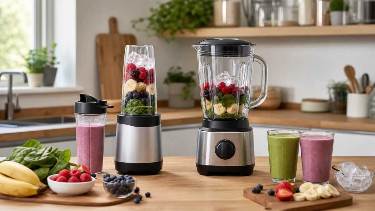 Smoothie maker bottle and full-size jug blender with fruit, greens, ice and finished smoothies on a kitchen worktop