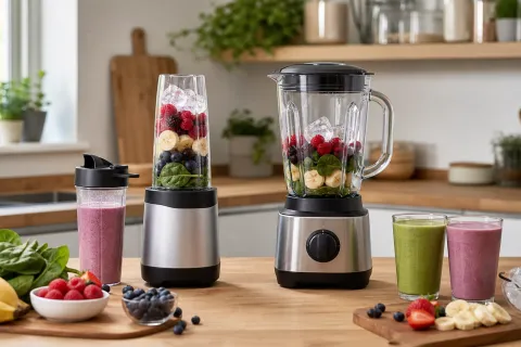 Smoothie maker bottle and full-size jug blender with fruit, greens, ice and finished smoothies on a kitchen worktop