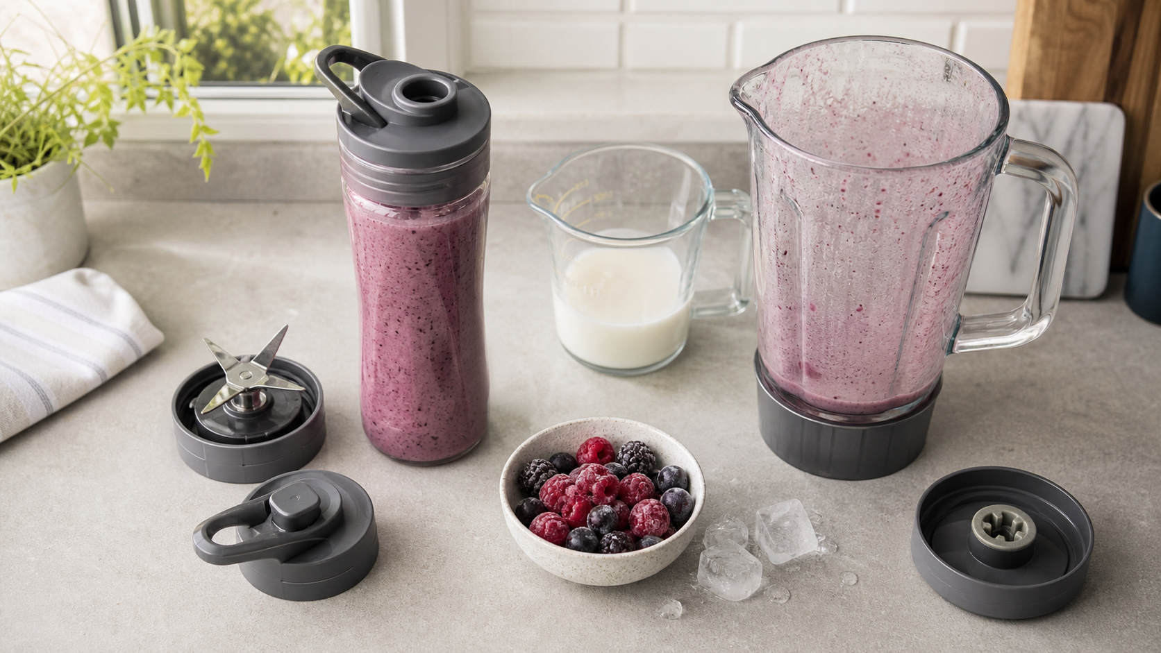 Smoothie bottle, blender jug, frozen berries, ice cubes, liquid and removable parts arranged on a kitchen worktop
