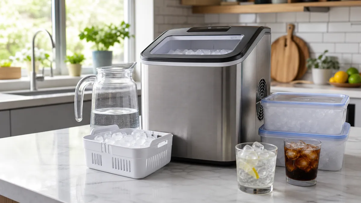 Countertop ice maker with water jug, ice basket, storage tubs and iced drinks on a kitchen worktop