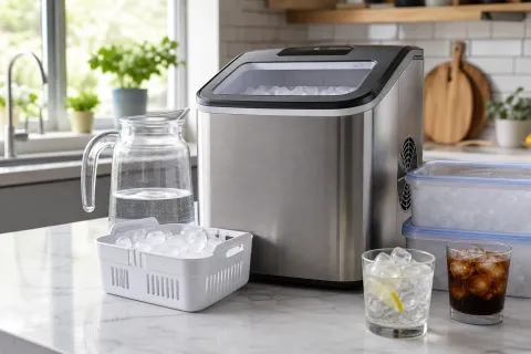 Countertop ice maker with water jug, ice basket, storage tubs and iced drinks on a kitchen worktop