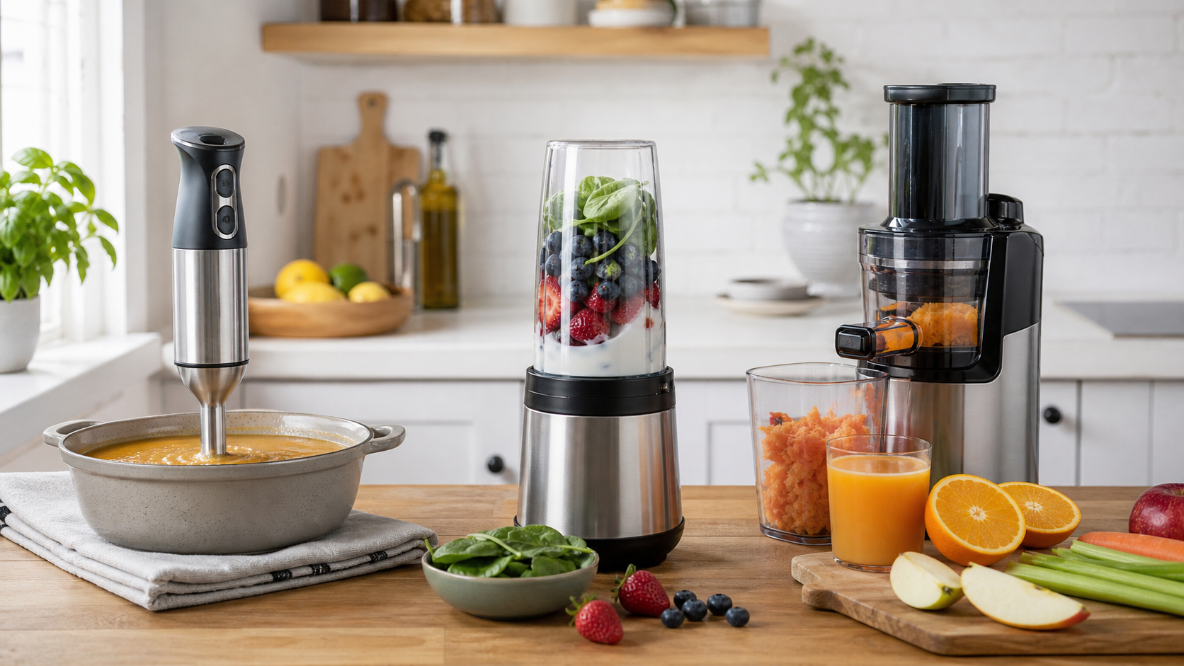 Hand blender in soup beside a smoothie maker and juicer on a kitchen worktop
