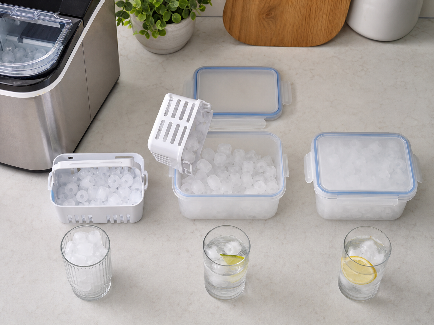 Bullet ice being moved from a countertop ice maker basket into freezer-safe storage tubs beside cold drinks