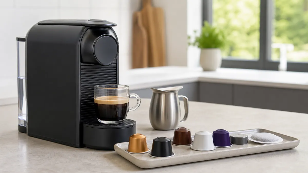 Pod coffee machine beside several different unbranded capsule formats and a milk jug on a kitchen worktop
