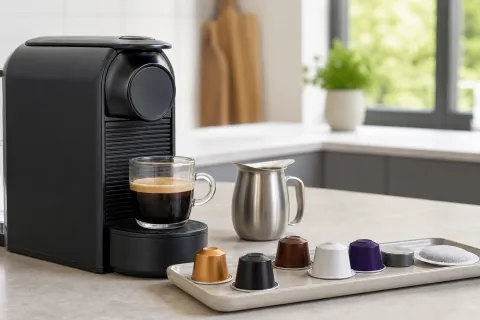 Pod coffee machine beside several different unbranded capsule formats and a milk jug on a kitchen worktop
