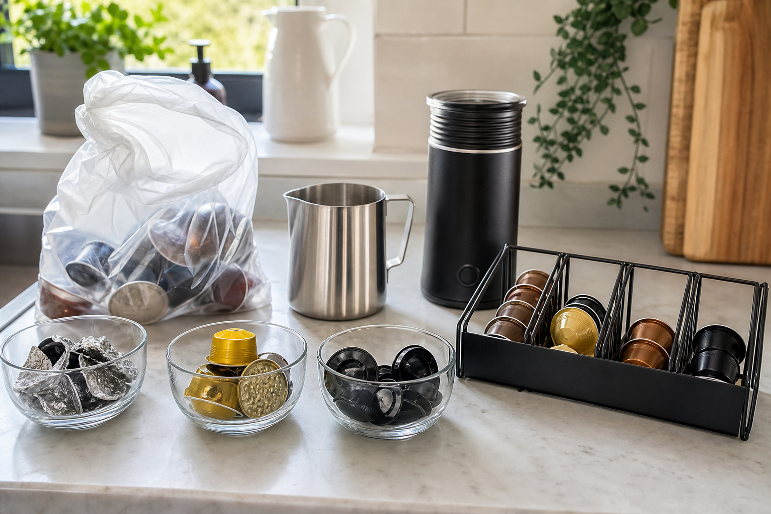 Used coffee pods separated by material beside a recycling bag, milk jug and pod storage tray on a kitchen worktop