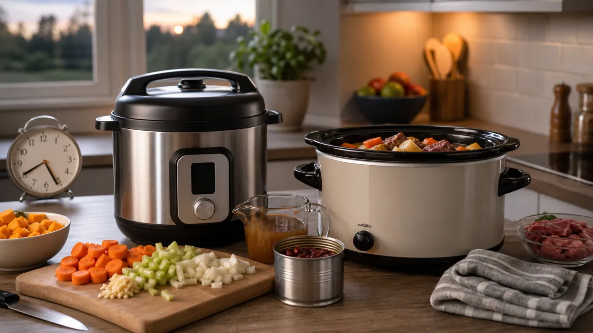 Electric pressure cooker and slow cooker on a kitchen worktop with prepared stew ingredients