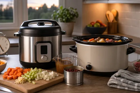 Electric pressure cooker and slow cooker on a kitchen worktop with prepared stew ingredients