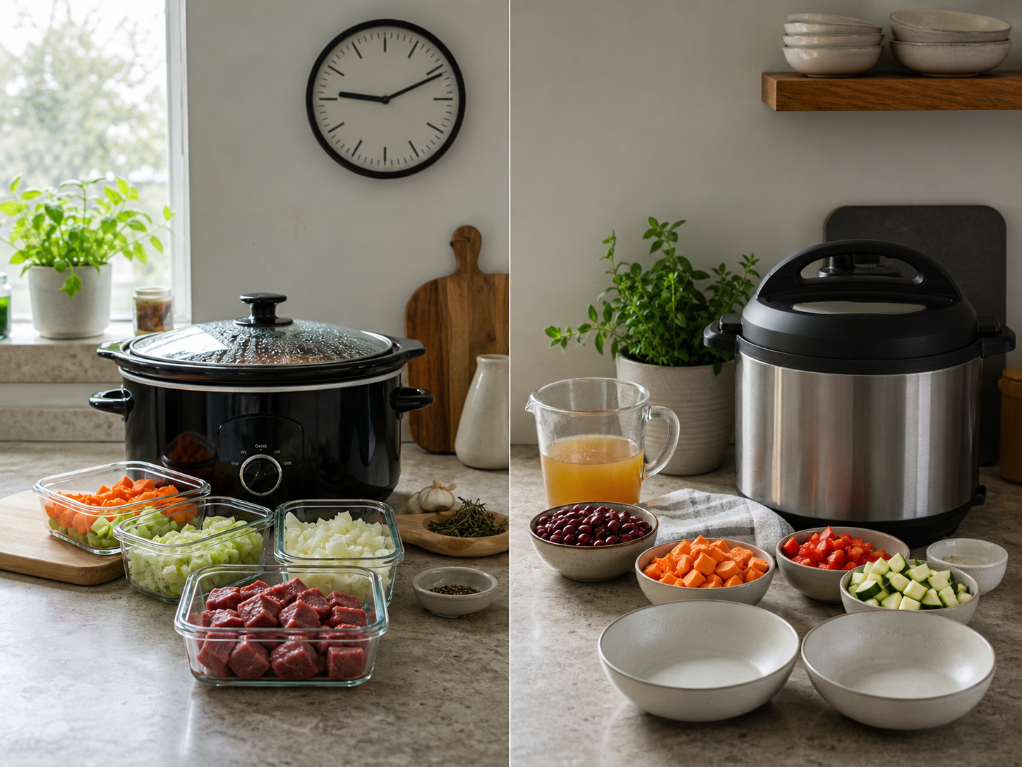 Prepared ingredients beside a slow cooker and an electric pressure cooker in a kitchen