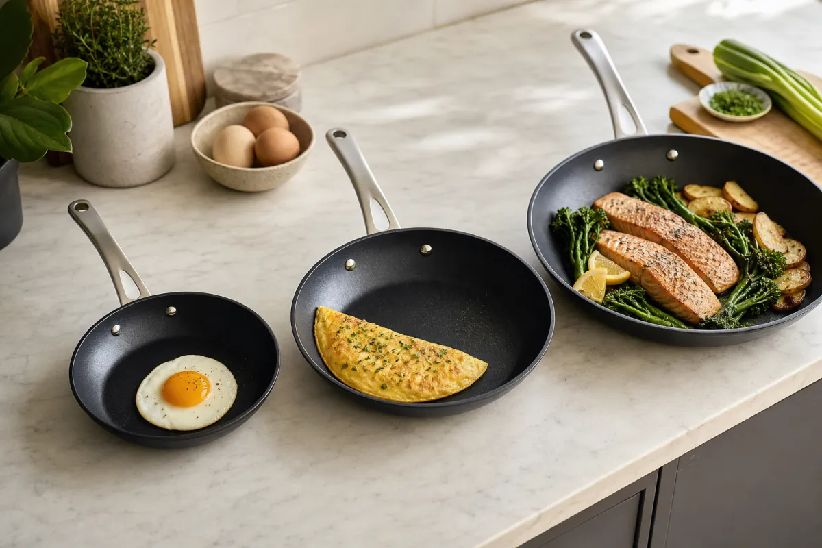 Three non-stick frying pans in small, medium and large sizes on a kitchen worktop