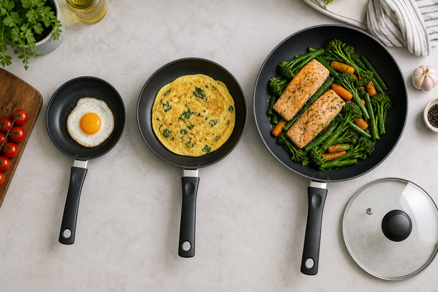 Three non-stick frying pan sizes shown from above with everyday portions and a glass lid