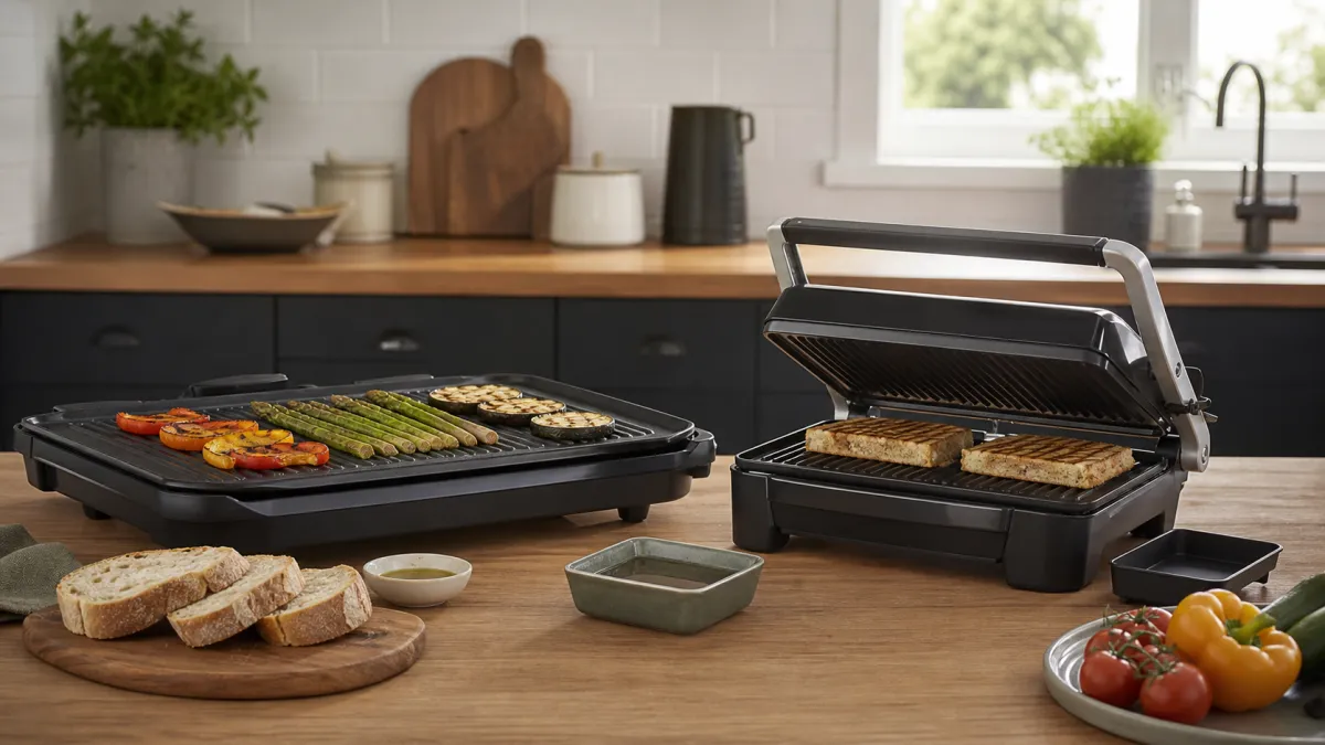 Open indoor grill with vegetables beside a hinged contact grill pressing toasted sandwiches on a kitchen worktop