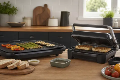 Open indoor grill with vegetables beside a hinged contact grill pressing toasted sandwiches on a kitchen worktop