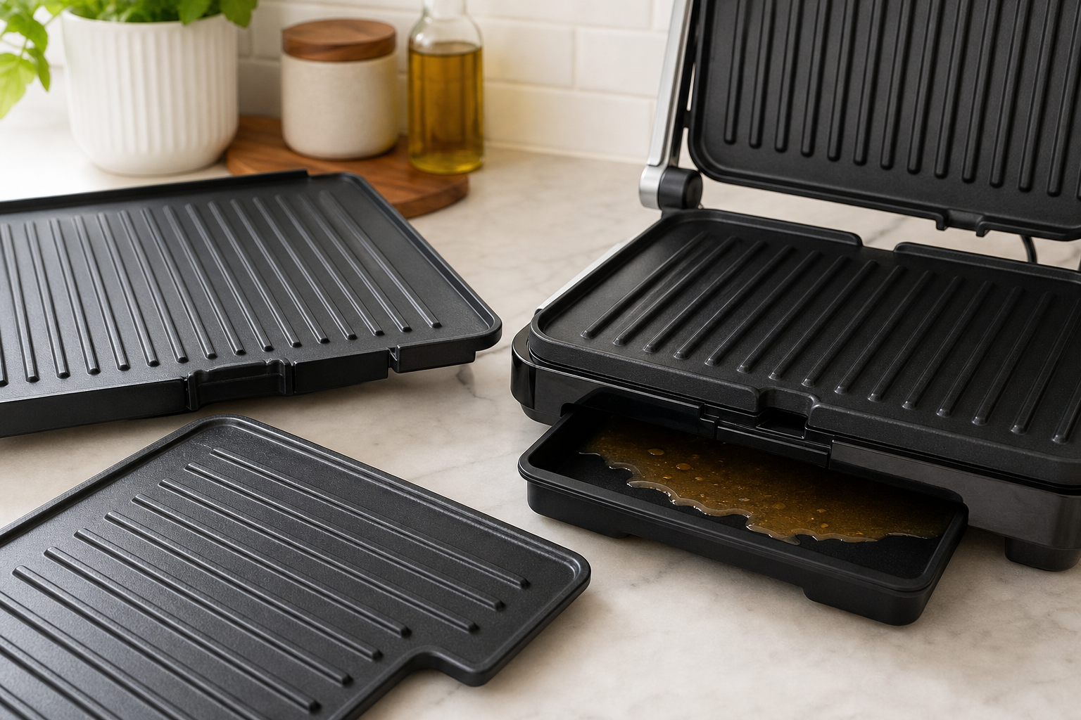 Removable ribbed grill plates beside an open contact grill with a drip tray on a kitchen worktop