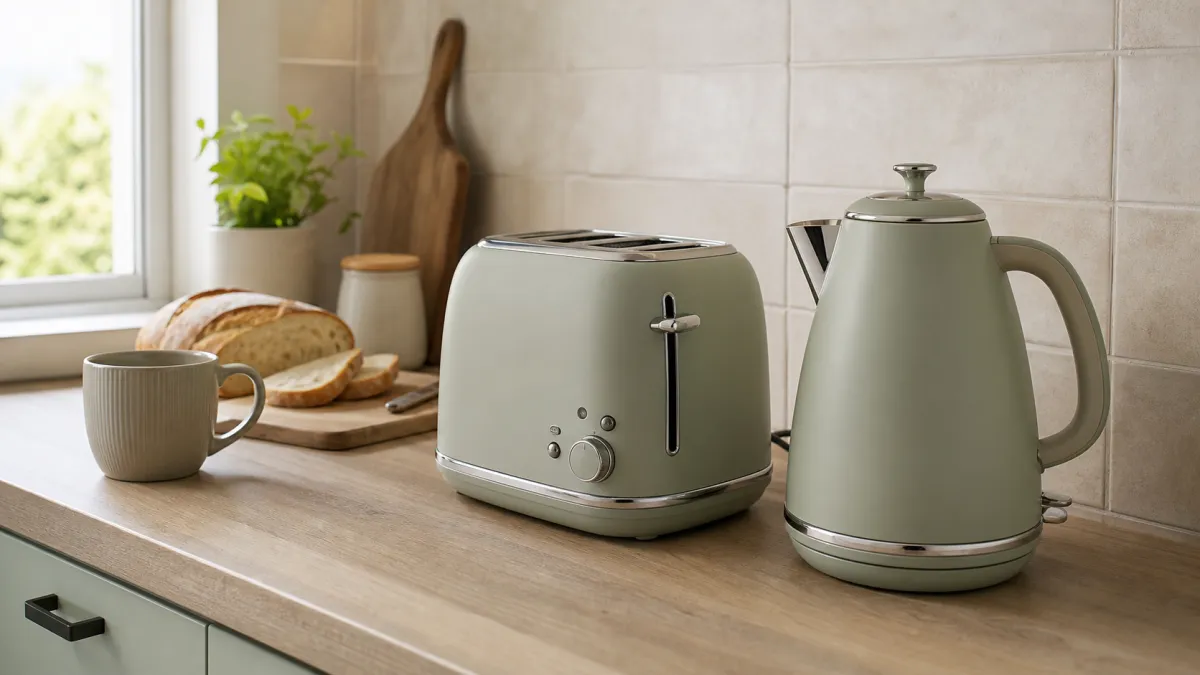 Matching sage green kettle and toaster set on a compact kitchen worktop