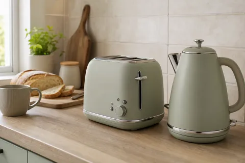 Matching sage green kettle and toaster set on a compact kitchen worktop