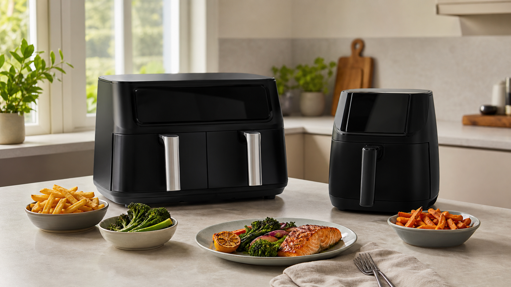 Two air fryers on a kitchen worktop with plated food and side portions for size comparison