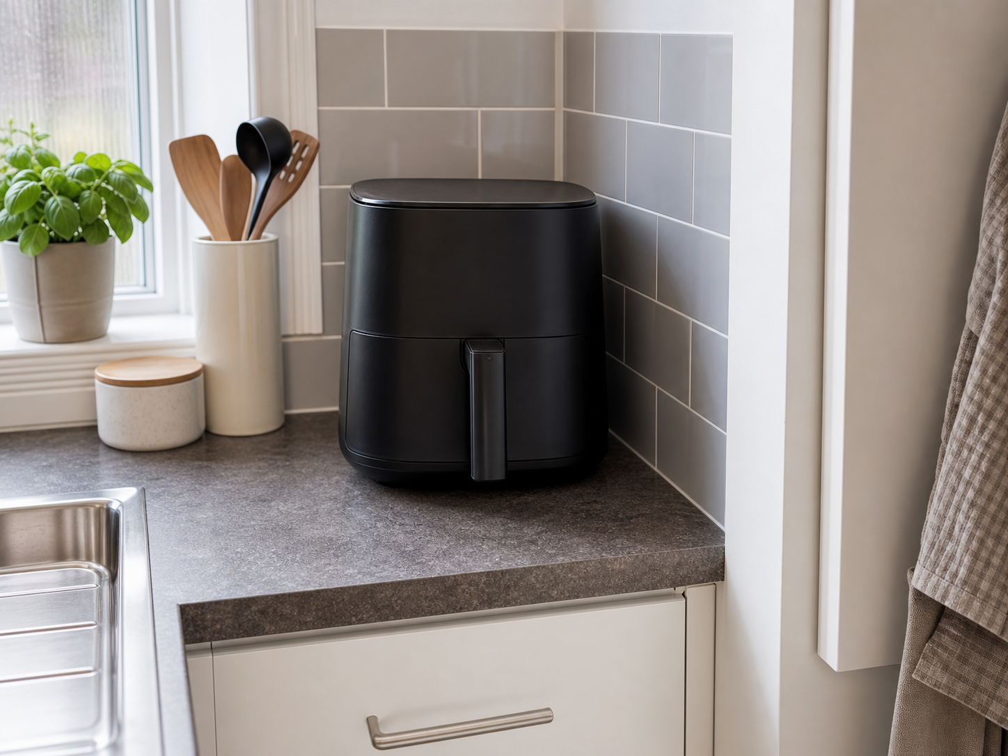 Small single-basket air fryer fitted into a compact kitchen worktop corner