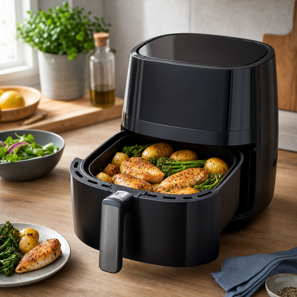 Large basket air fryer with chicken, potatoes and vegetables for an everyday main meal