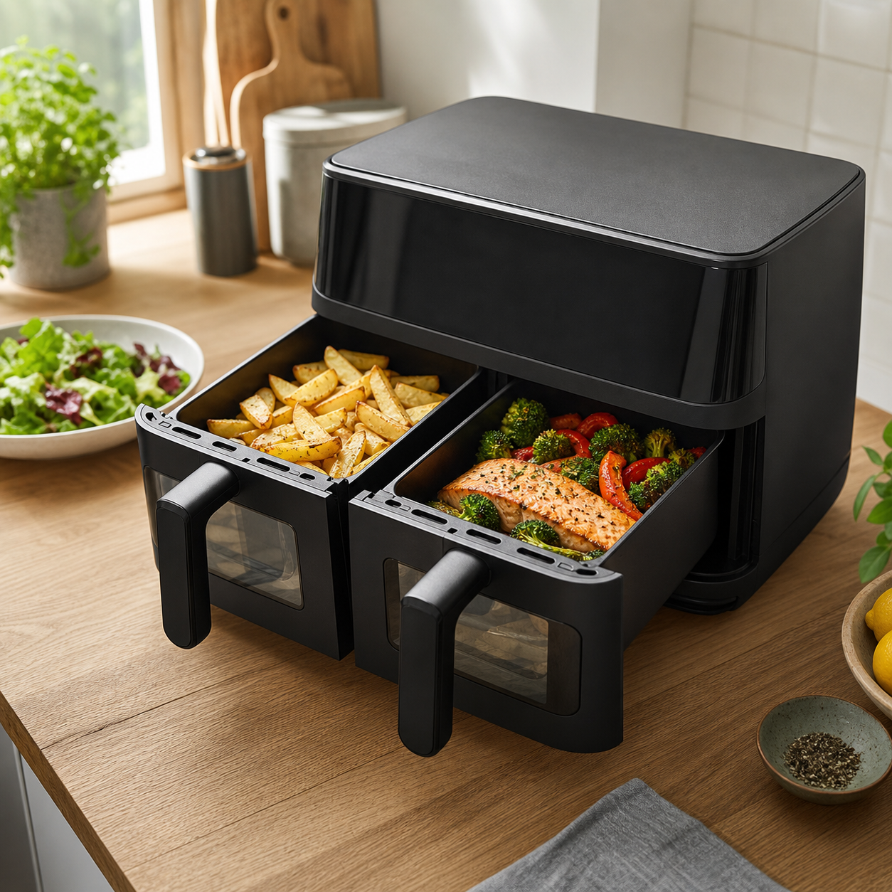Dual-drawer air fryer with potatoes in one drawer and fish with vegetables in the other