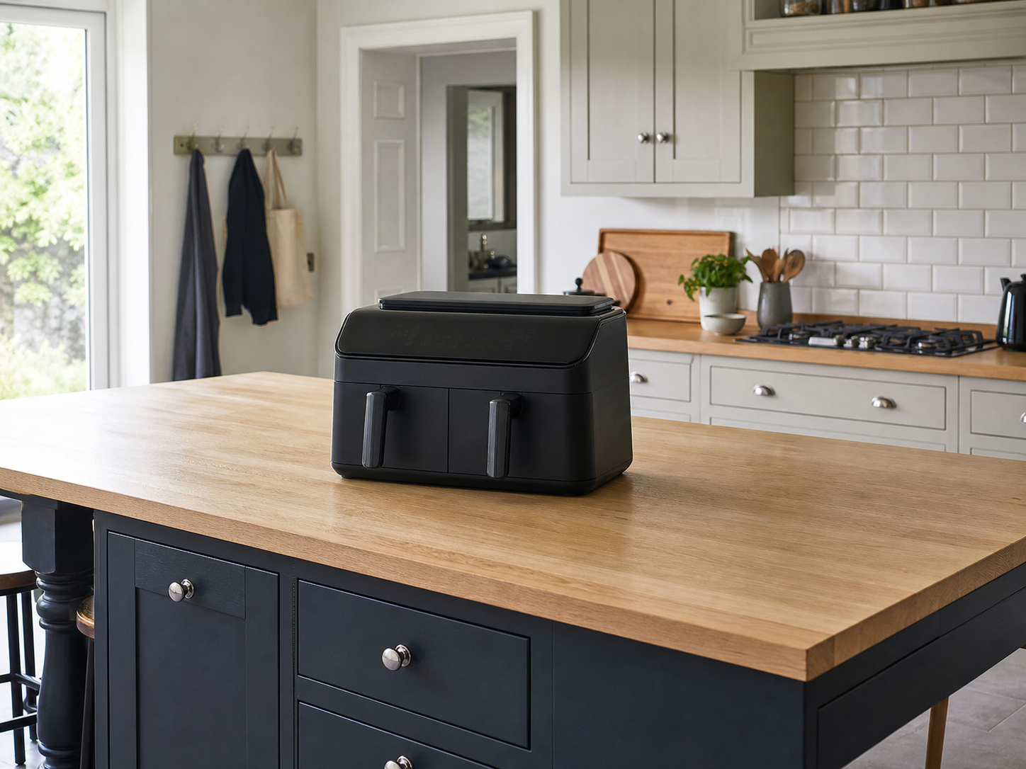 Large dual-drawer air fryer on a roomy kitchen island with clear space around it