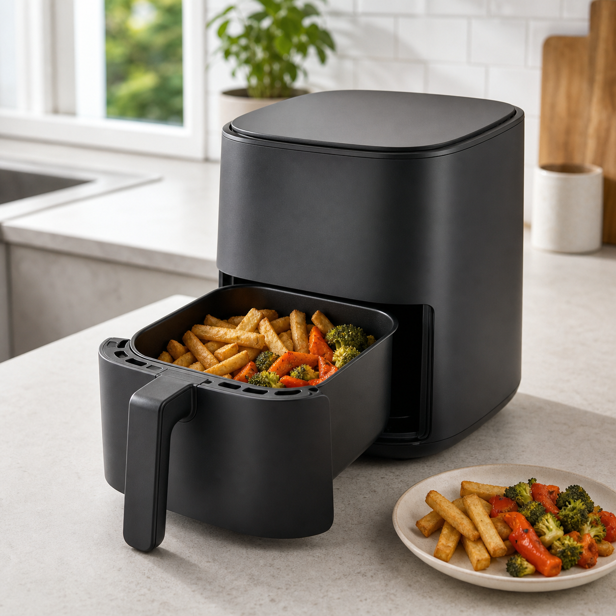Compact basket air fryer with chips and vegetables for a small snack or side portion