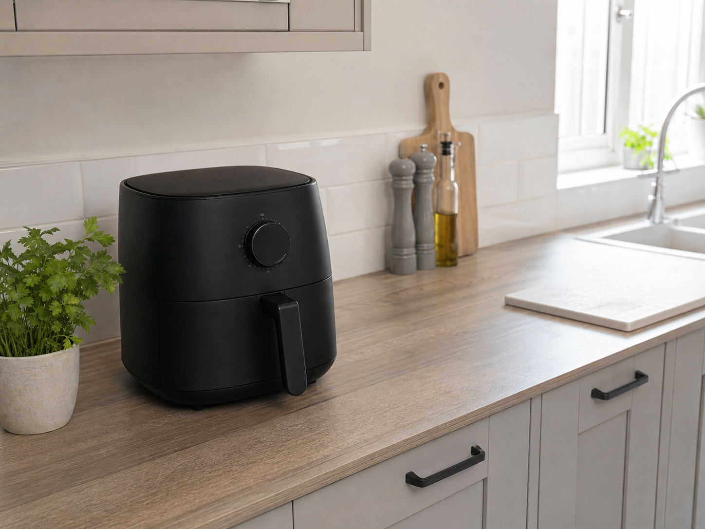 Single-basket air fryer on an average kitchen worktop with preparation space beside it