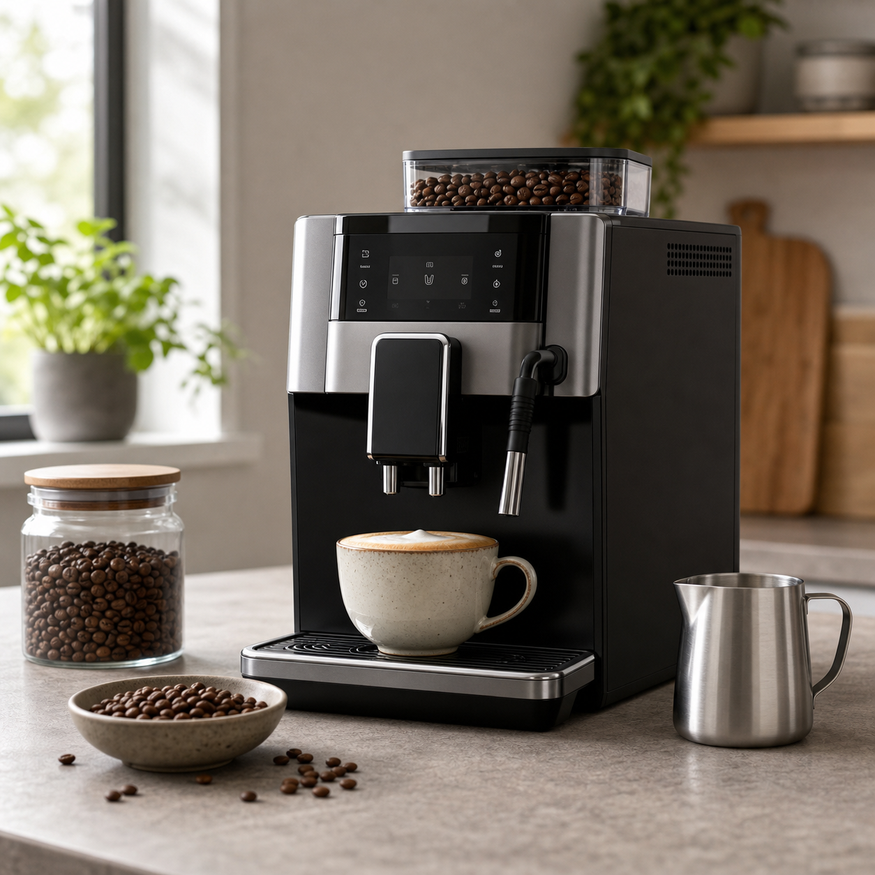 Bean-to-cup coffee machine with beans, cup and milk jug on a kitchen counter