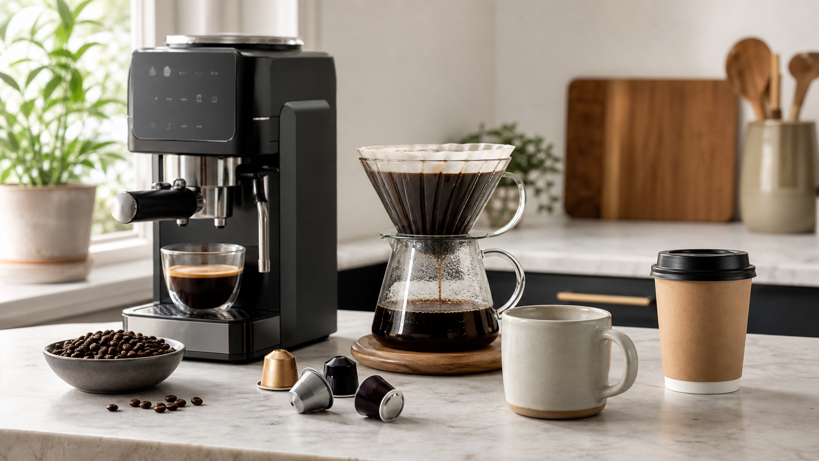 Coffee machine, filter coffee, coffee pods, beans and takeaway cup on a kitchen counter