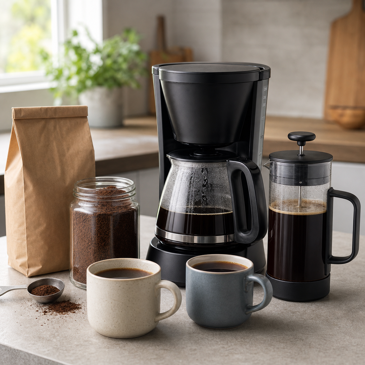 Filter coffee machine, cafetiere, ground coffee and mugs on a kitchen counter