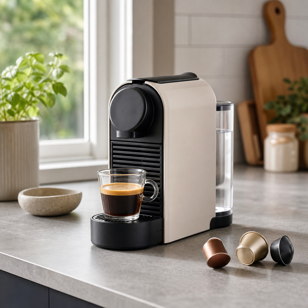 Pod coffee machine with espresso cup and unbranded coffee pods on a kitchen counter